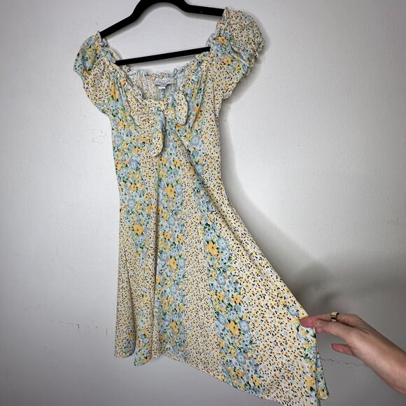 Topshop Cute Yellow Multi Color Ditsy Floral Off Shoulder Mini Puff Sleeve 4 - Picture 6 of 15